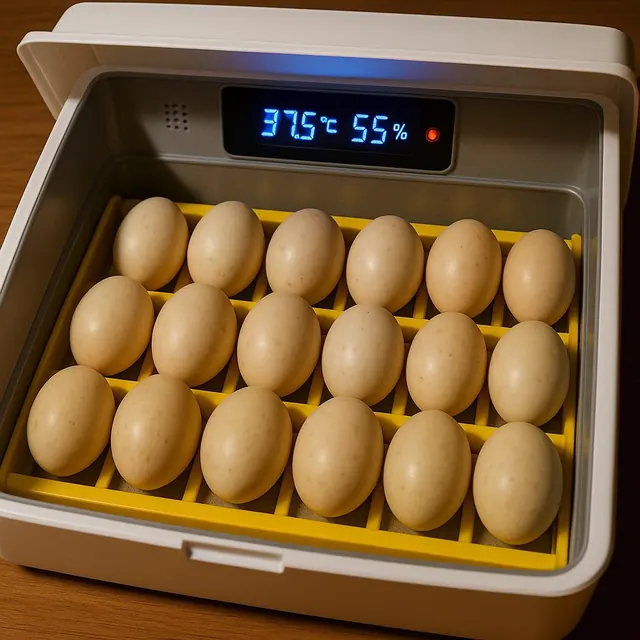 Large pale duck eggs lying in an incubator tray