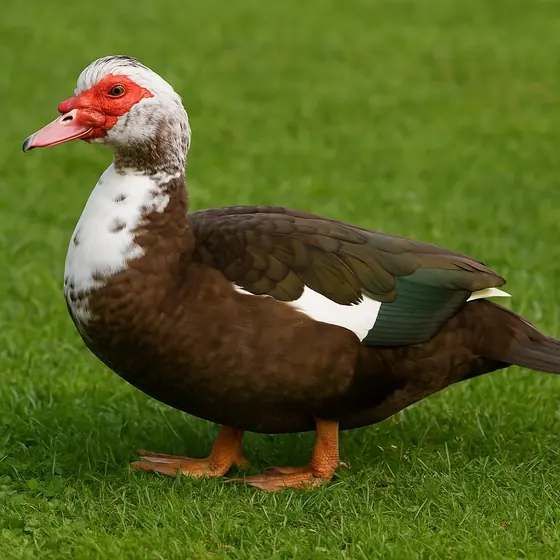 Muscovy duck with red facial caruncles standing on grass