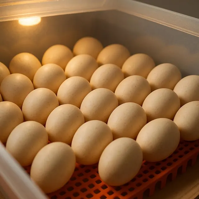 Speckled quail eggs lying in rows in an incubator tray